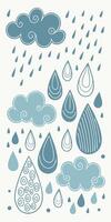 illustration of rain drops and clouds, soft blue tones, whimsical flat design, repeating seamless pattern vector