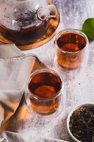 Home brewed earl grey tea in cups and teapot on table vertical view photo