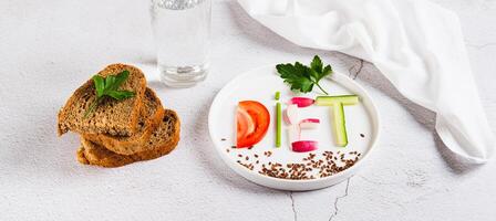 Concept diet on a plate of low-calorie foods on the table web banner photo