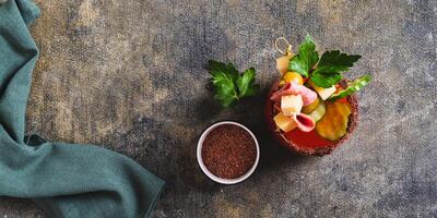 New gastronomic trend snacktails in a glass on the table top view web banner photo