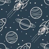 Repeating planet orbit and rocket trail icons, space travel theme in dark colors vector