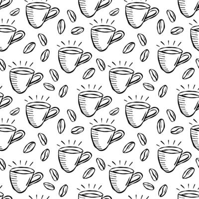 Seamless Coffee Cups and Beans Doodle Pattern