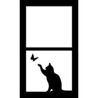 Curious Cat and Butterfly on Window. Black cat sitting near open window png