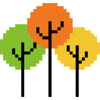 Pixel art autumn trees in green, orange, and yellow colors. 8-bit trees png