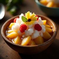 Peach Dessert in Bowl with Raspberries and Flower photo