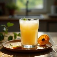 Fresh Juice in Glass with Orange Slice on Wooden Tray photo