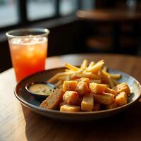 Snack Plate with Fried Bites, Fries and Drink on Wooden Table photo
