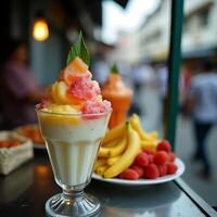Fruit Shaved Ice Dessert with Banana and Raspberry Outdoors photo