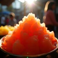 Shaved Ice Dessert with Colorful Syrup on a Plate in Outdoor Setting photo