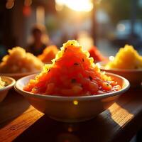 Shaved Ice Dessert in Bowls with Bright Sunlight Glow photo