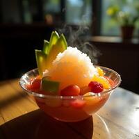 Serving Fruit Shaved Ice in Bowl with Steam and Bright Light photo