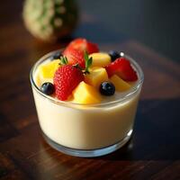 Serving of Dessert with Fresh Mango Strawberry and Blueberry photo