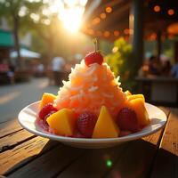 Shaved Ice Dessert with Mango and Berries at Sunset photo