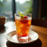 Serving Cold Refreshing Drink with Ice and Fruit on Table photo