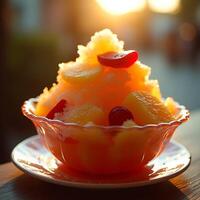 Shaved Ice Dessert with Fruit Toppings at Sunset photo