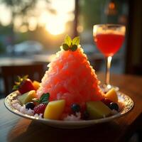 Refreshing Shaved Ice Dessert with Fresh Fruits and a Drink photo
