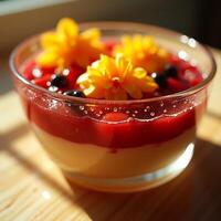 Dessert Bowl with Berries and Flowers on Wooden Table photo