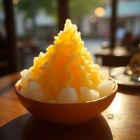 Eating Mango Shaved Ice Dessert in Bowl on Table photo