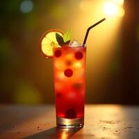 Refreshing Red Drink with Lemon and Straw in Sunlight photo