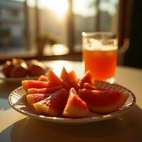 Sliced Fruit Plate with Juice in Sunny Morning Light photo