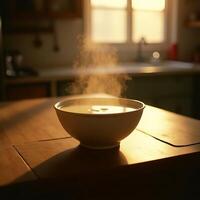 Bowl of Hot Liquid with Steam on Wooden Table in Warm Light photo