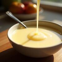 Pouring Custard Cream Into Bowl with Fruits in Background photo