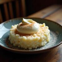 Serving Creamy Rice Pudding on Plate with Topping and Cinnamon photo