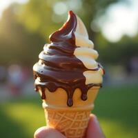 Enjoying Ice Cream Cone with Chocolate Drizzle Outdoors photo