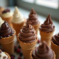 Enjoying Delicious Soft Serve Ice Cream Cones with Chocolate and Vanilla Flavors photo