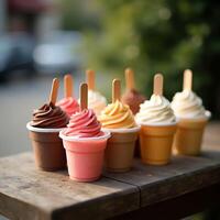 Enjoying Colorful Ice Cream Cups with Wooden Spoons on a Wooden Table photo