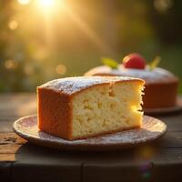 Serving of Cake on Plate with Powdered Sugar at Sunset photo