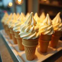 Rows of Creamy Vanilla Soft Serve Ice Cream Cones photo