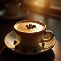 Coffee Cup with Beans Close Up on a Sunny Table photo