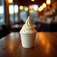 Soft Serve Ice Cream Cone in Paper Cup on Wooden Table photo