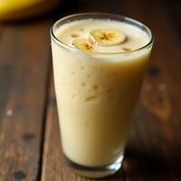 Banana Smoothie in Glass with Banana Slices on Top on Wooden Table photo