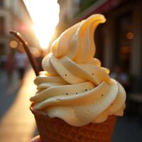 Eating Vanilla Ice Cream Cone on Sunny Street at Golden Hour photo