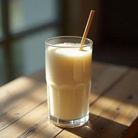 Serving of Fresh Milk in Glass with Straw on Wooden Table photo