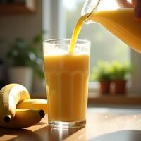 Pouring Fruit Smoothie Into Glass with Bananas on Table photo