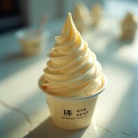 Delicious Vanilla Soft Serve Ice Cream in Cup on Bright Surface photo