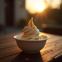 Vanilla Soft Serve in Bowl on Wooden Table at Sunset photo