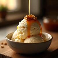 Ice Cream with Caramel Sauce and Nuts Topping Being Poured photo