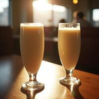 Two Tall Glasses with Creamy Beverage on Table at Sunset photo