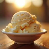 Vanilla Ice Cream Scoops in Bowl Lit by Warm Sunlight photo