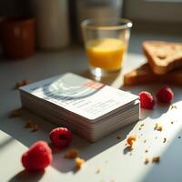 Breakfast Still Life with Cards, Juice, Raspberries and Toast photo