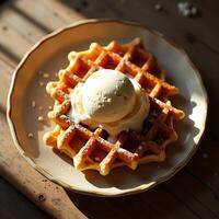 Waffle with Ice Cream and Powdered Sugar on a Plate photo
