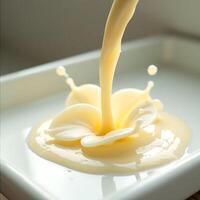 Pouring Creamy Liquid Creating Splashes on White Surface photo
