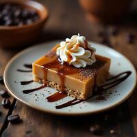 Caramel Dessert with Cream Topping and Chocolate Drizzle on Plate photo