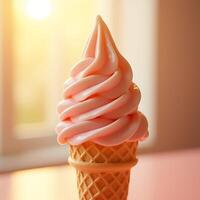 Eating Pink Ice Cream Cone with Soft Serve in Waffle Cone photo