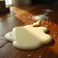 Spilled Liquid and Small Balls on Wooden Surface with Sunlight photo