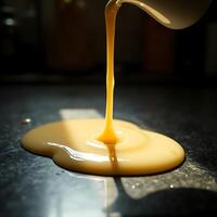 Pouring Creamy Sauce Creating Puddle on Surface photo